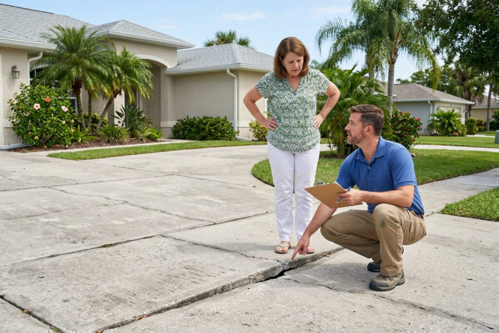 uneven residential concrete being evaluated for repair in Brevard County