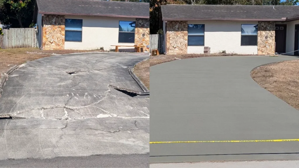 damaged concrete driveway being evaluated for repair or replacement