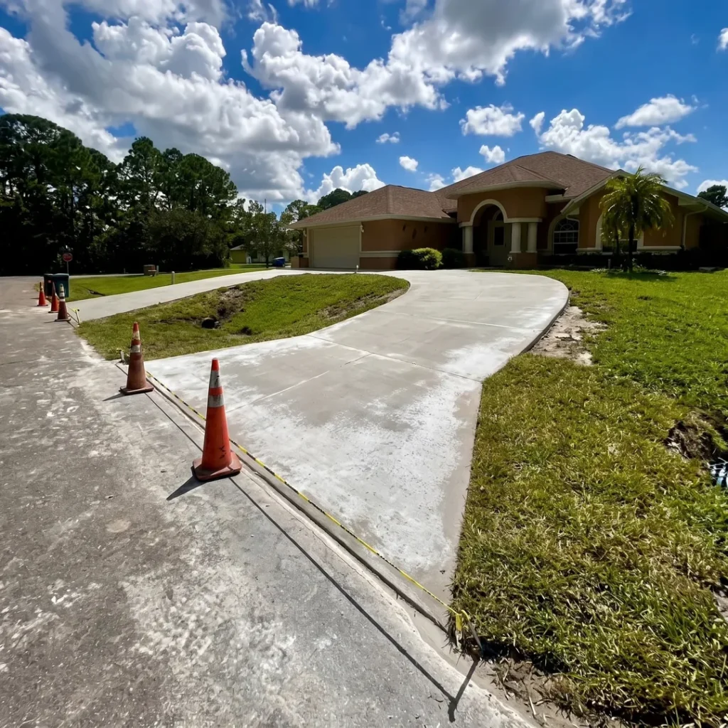 Sweeping curved concrete driveway approaching a residential home