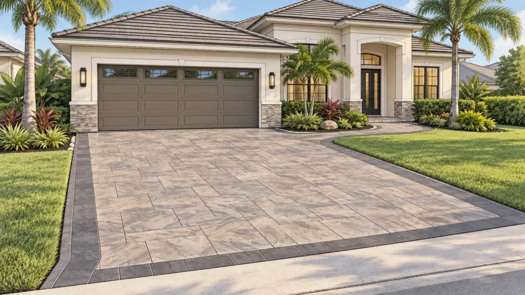 Illustrated stamped concrete driveway design with a contrasting border