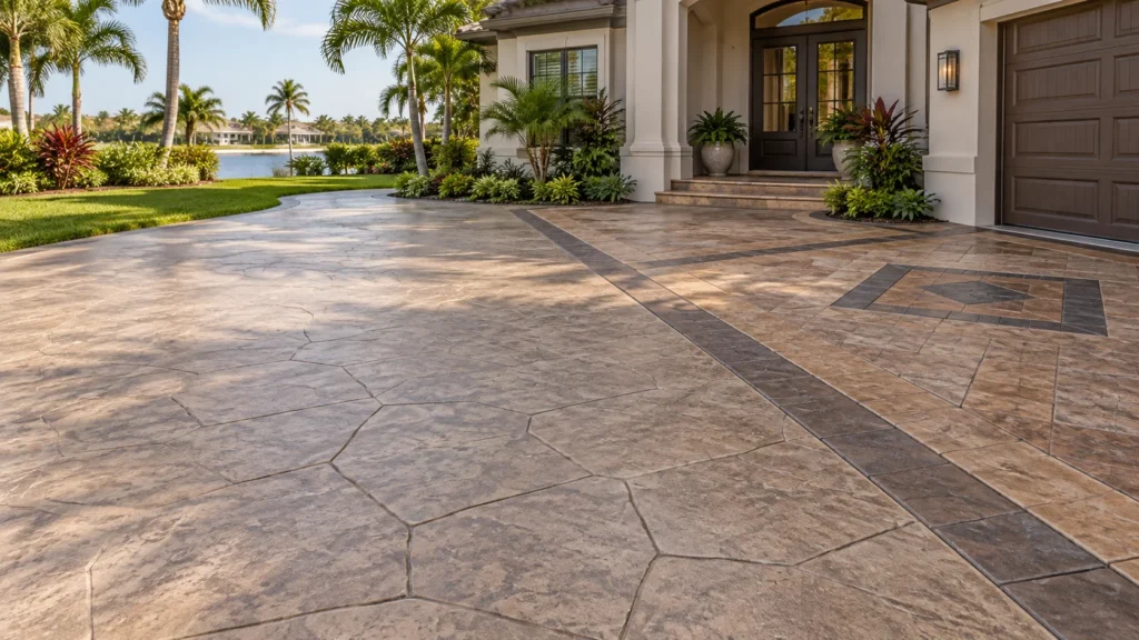 Illustrated stamped concrete design for residential cost planning