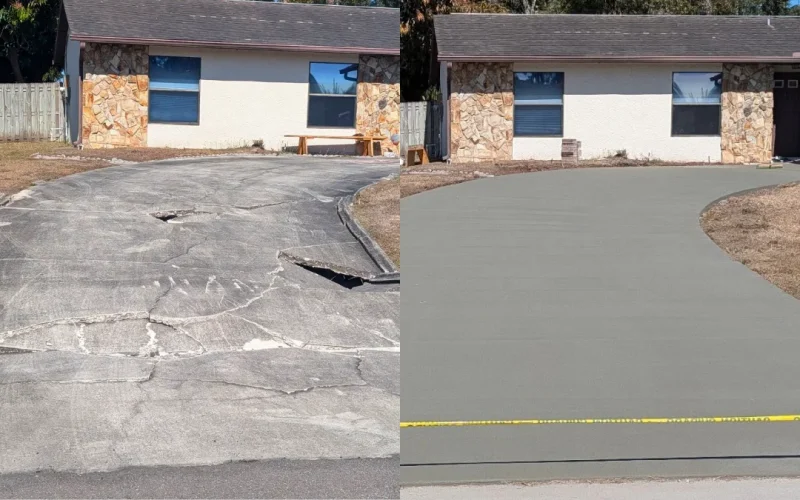 damaged concrete driveway being evaluated for repair or replacement