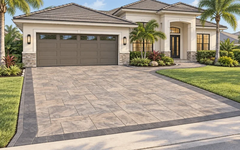 Illustrated stamped concrete driveway design with a contrasting border