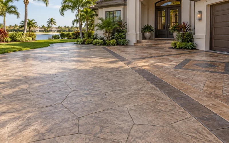 Illustrated stamped concrete design for residential cost planning